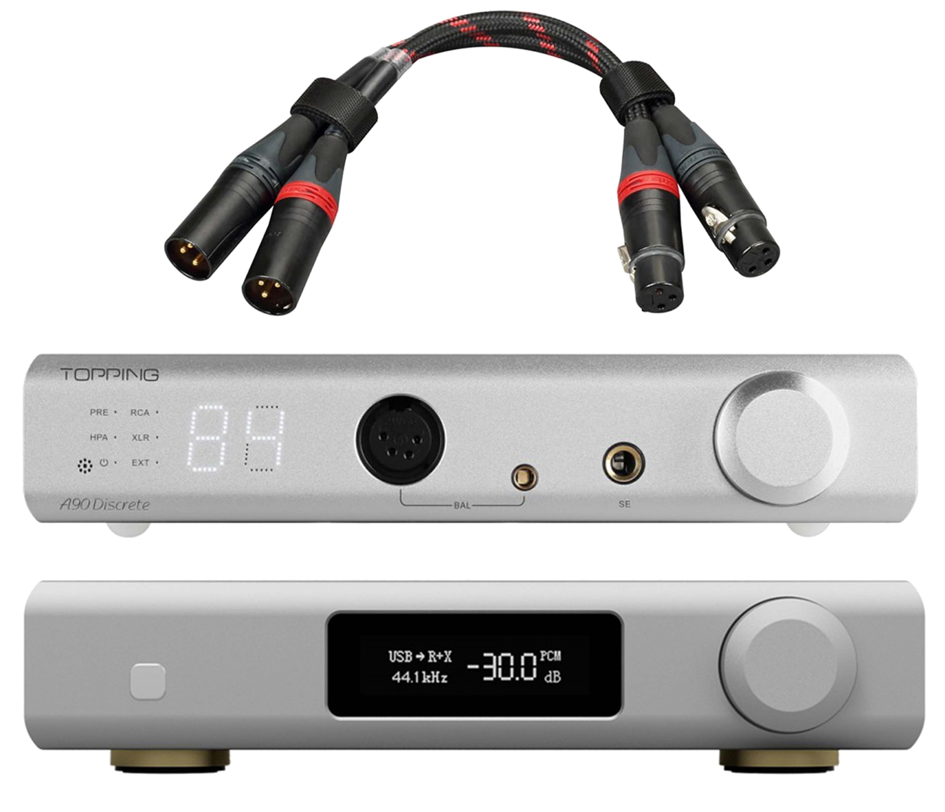 Pack Topping D90 III Discrete DAC + A90 Discrete Headphone Amplifier Preamplifier + TCX1 25cm Cables Silver