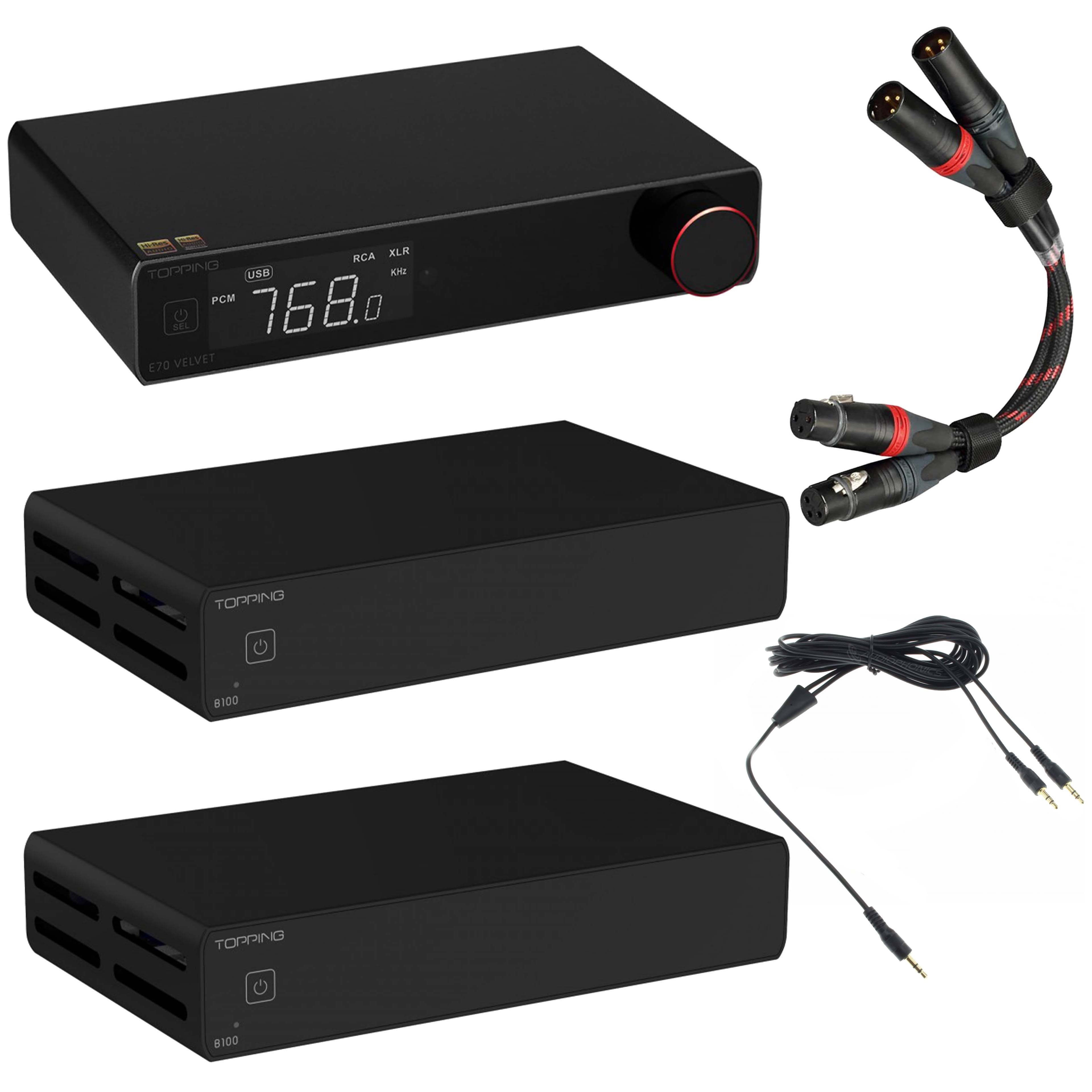 Pack 2x Topping B100 Amplifier + Topping E70 Velvet DAC + Topping TCX1 XLR Cables 25cm + Dual Trigger Cable Black