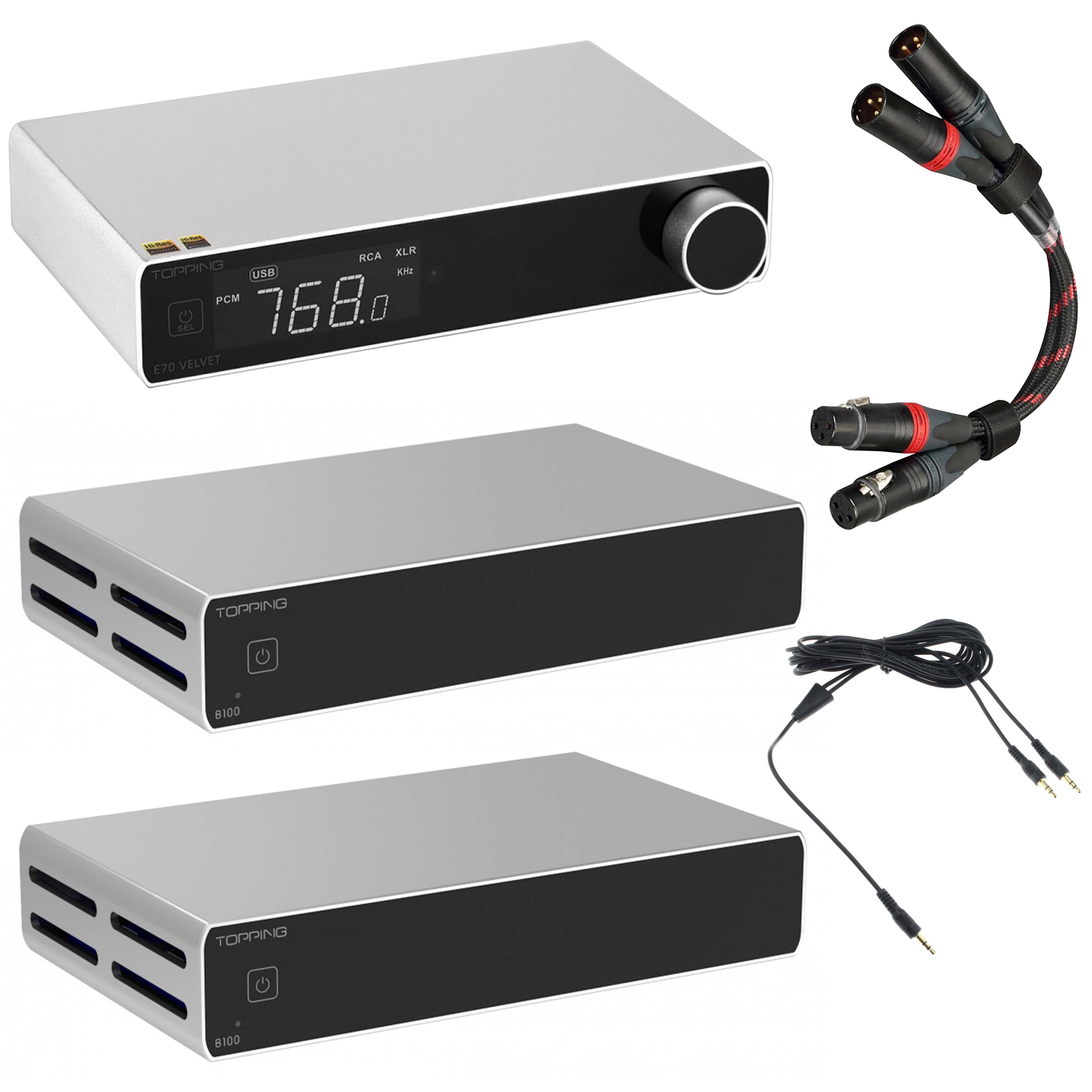 Pack 2x Topping B100 Amplifier + Topping E70 Velvet DAC + Topping TCX1 XLR Cables 25cm + Dual Trigger Cable Silver