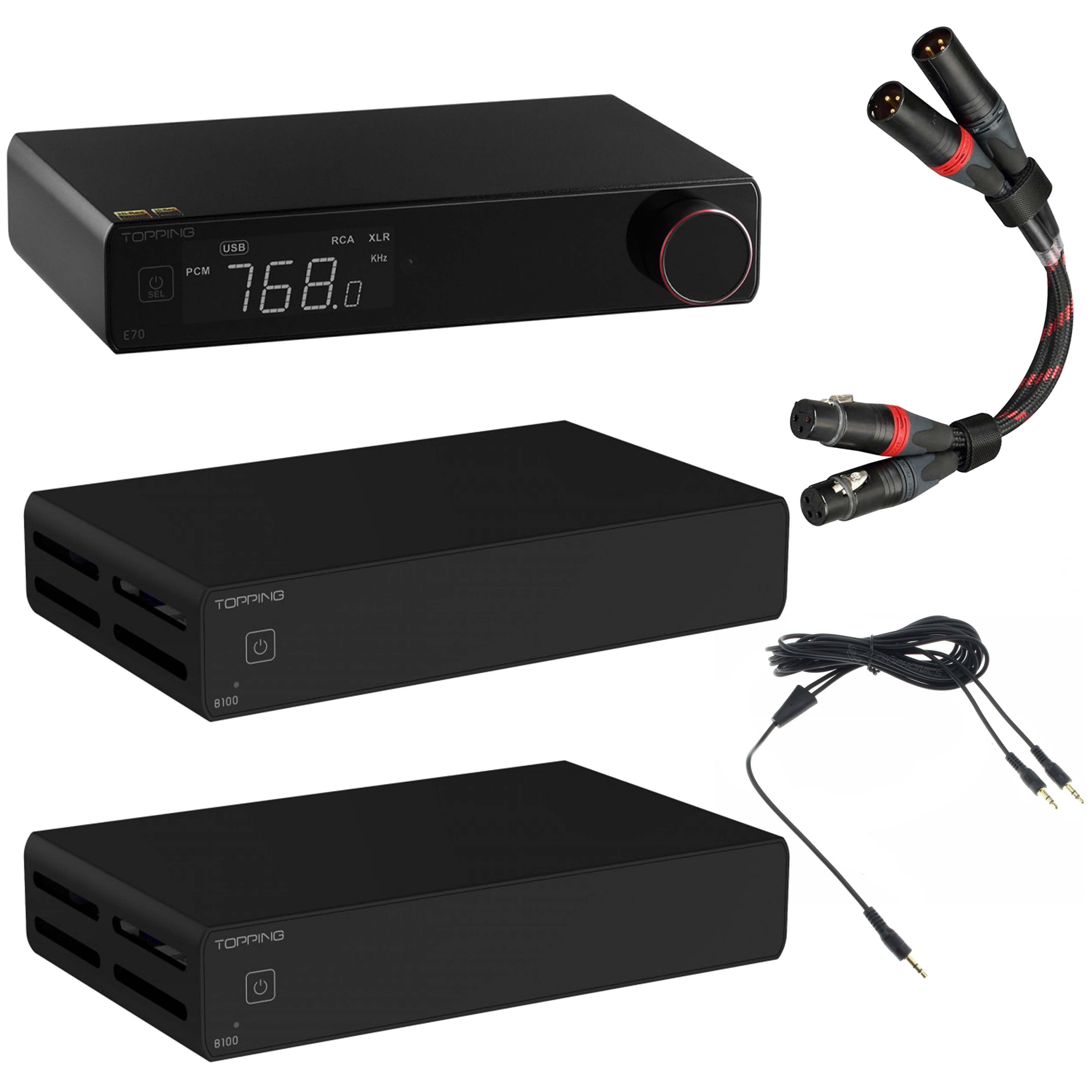 Pack 2x Topping B100 Amplifier + Topping E70 DAC + Topping TCX1 XLR Cables 25cm + Trigger Cable Black