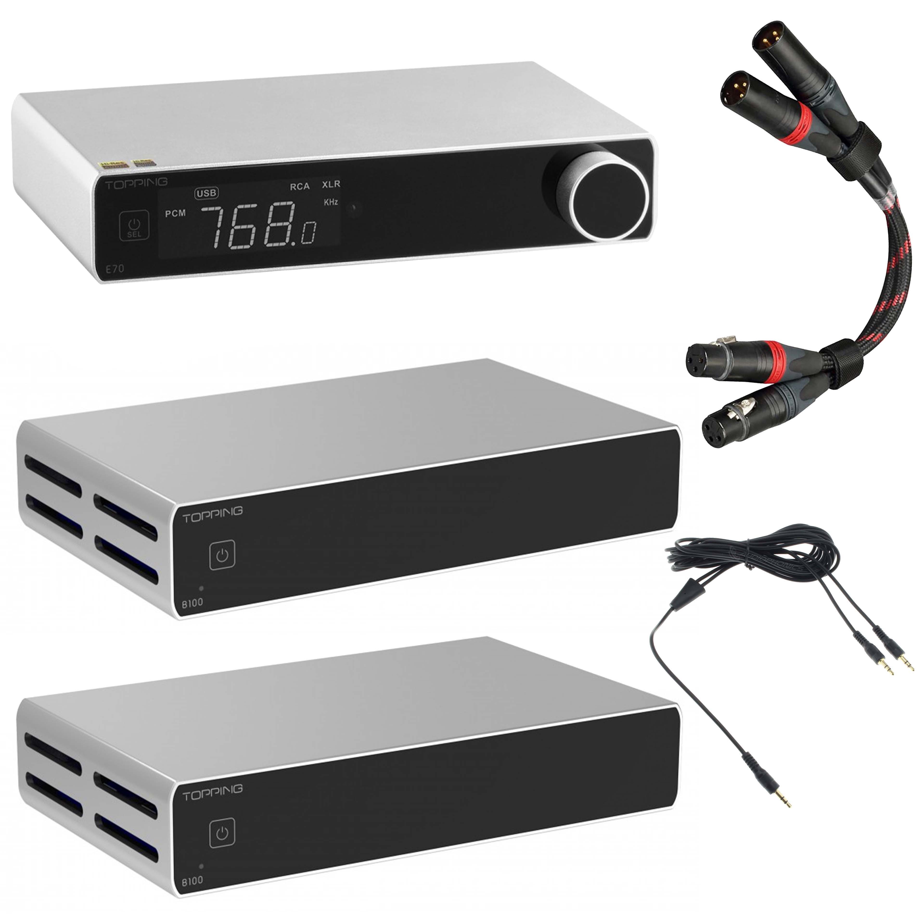 Pack 2x Topping B100 Amplifier + Topping E70 DAC + Topping TCX1 XLR Cables 25cm + Dual Trigger Cable Silver