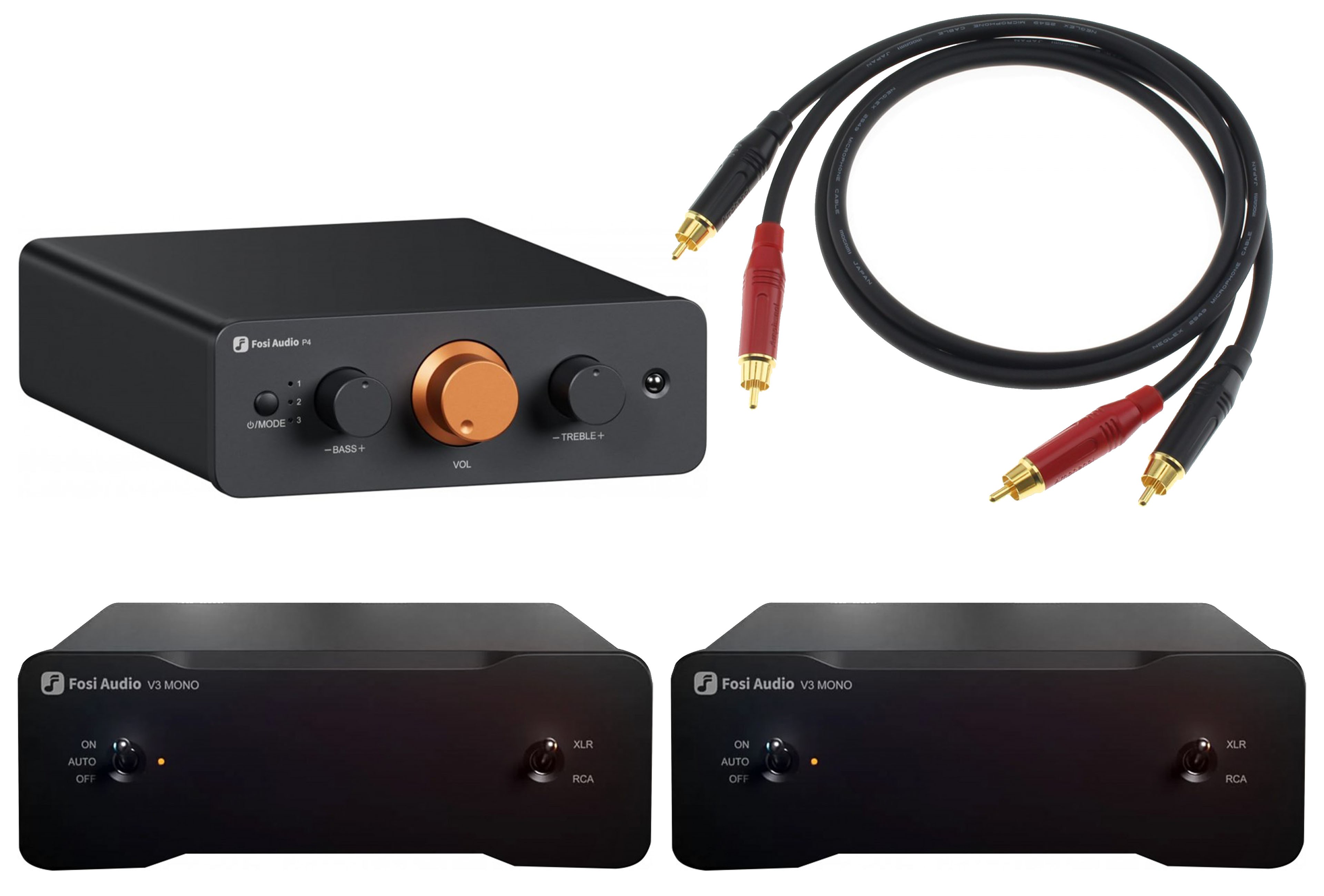 Pack Fosi Audio P4 Preamplifier + 2x Fosi Audio V3 Mono Amplifier + Audiophonics Wire RCA Cables 75cm