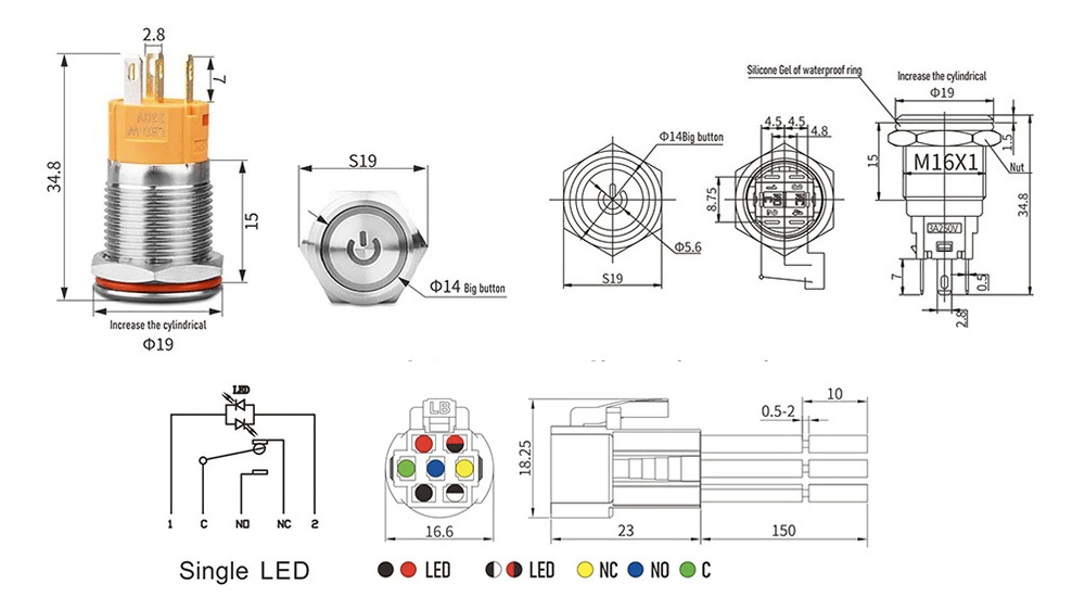 Schéma bouton dimensions et câblage