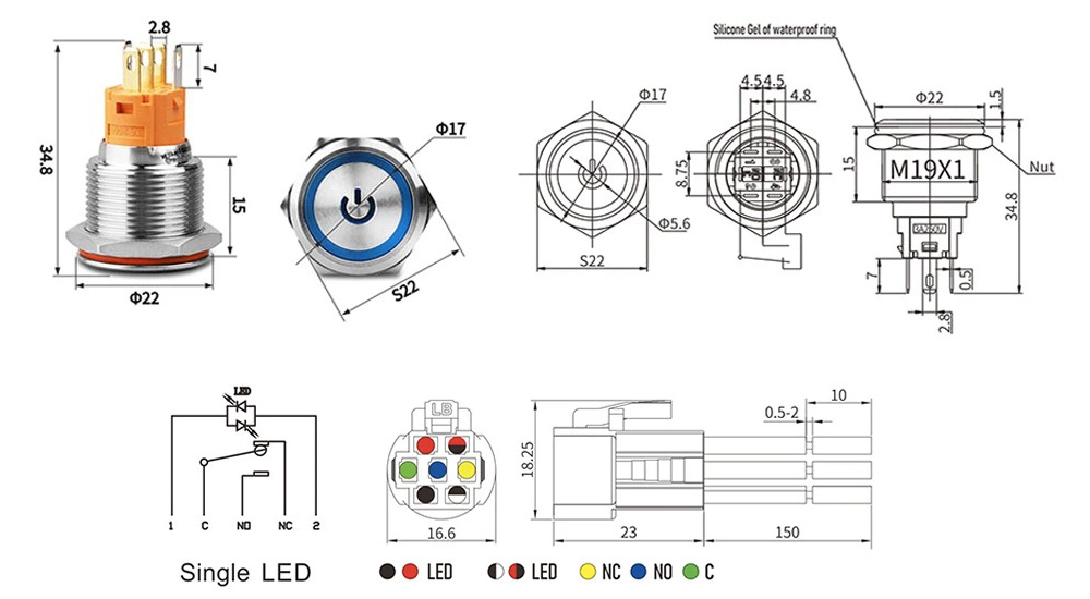 Schéma bouton dimensions et câblage