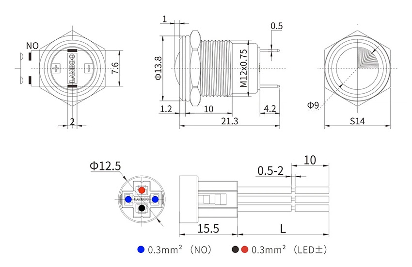 Schéma bouton dimensions et câblage