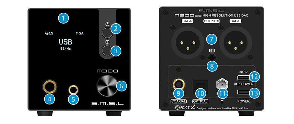 SMSL Amplificador de auriculares HiFi M300SE mejorado, 2 piezas de CS43131  MQA Audio DAC, entrada USB/óptica/coaxial/Bluetooth DSD MQA XMOS Salida XLR