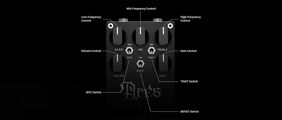 Description des potentiomètres et switch de contrôle de la pédale TOPPING HYNOTONE ARES 