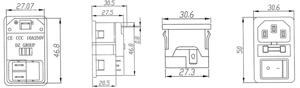 Embase IEC C14 : Dimensions